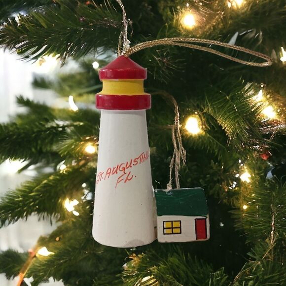 St Augustine FL Lighthouse Christmas Ornament Vintage Wooden Handpainted Coastal - Picture 1 of 13
